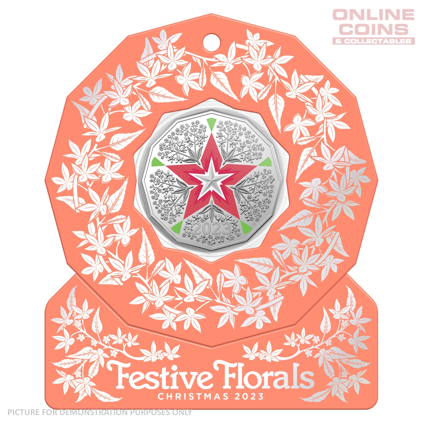 2023 50c CuNi Coloured Uncirculated Carded Coin - Christmas Decoration Festive Floral ORANGE